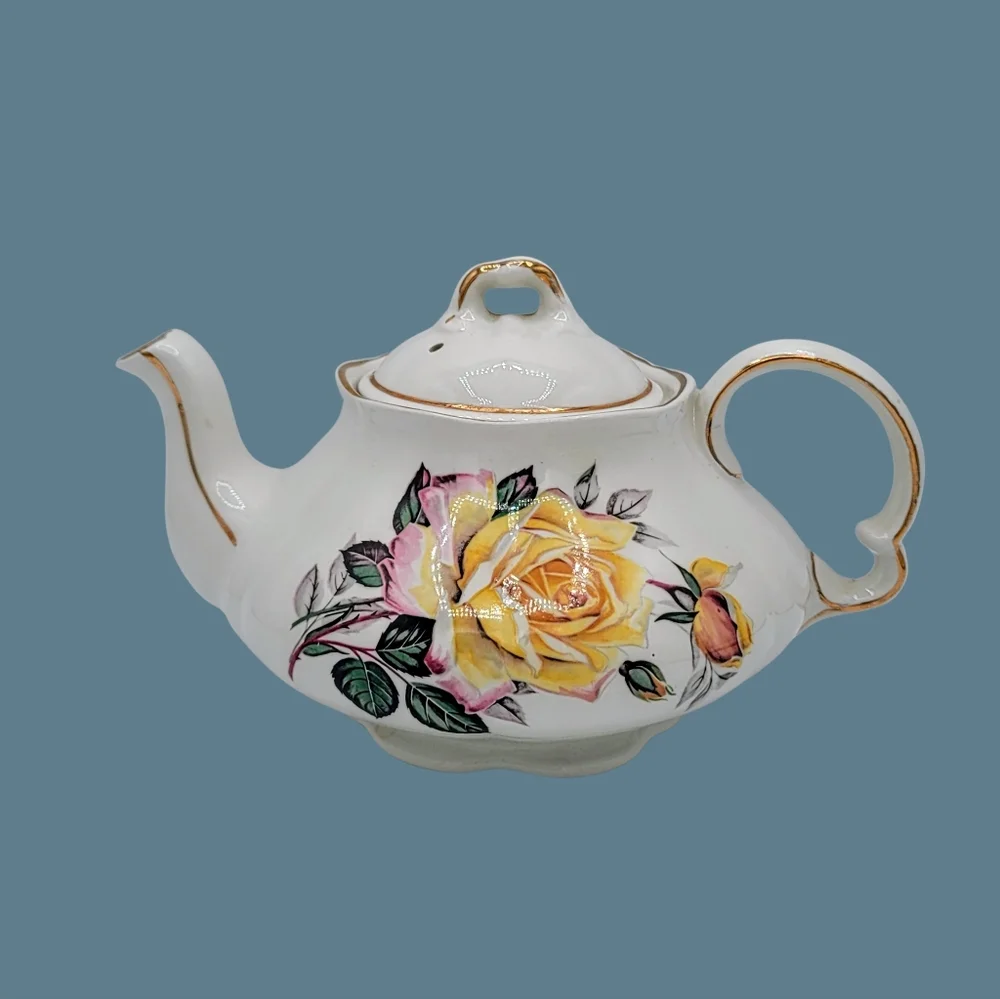 Vintage Ellgreave Wood & Sons Ironstone Teapot Roses England 1960s Small Floral